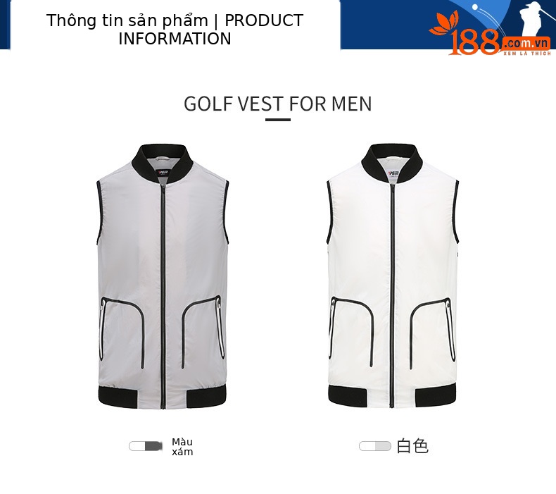 Áo vest golf nam PGM YF364 dáng gile không tay, chống gió nhẹ thoáng khí — Vest Nam YF364 màu xám, Áo vest nam YF364 màu trắng chi tiết 3