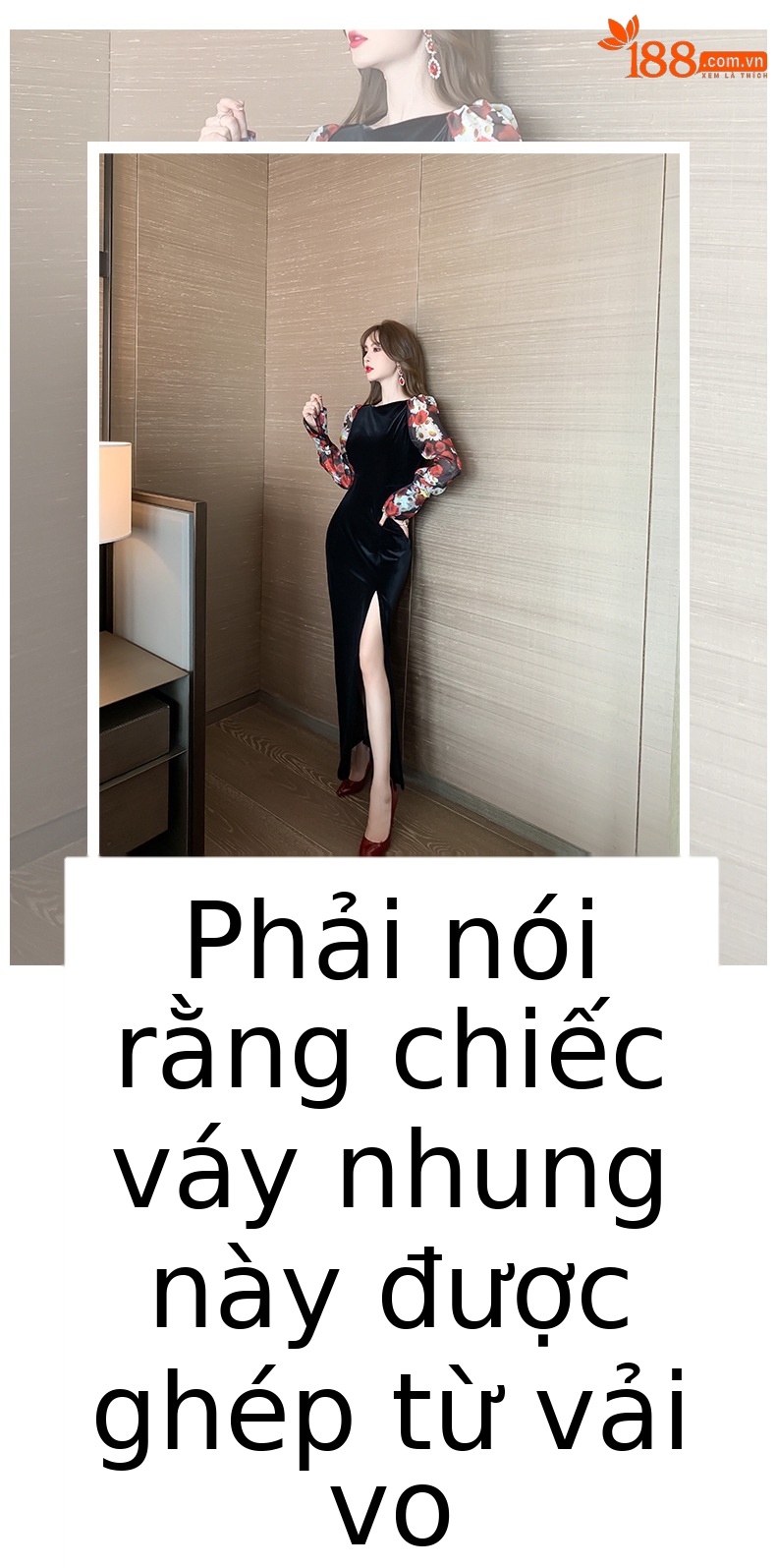Đầm liền thân nhung đen dài tay in họa tiết retro dáng ôm — Màu đen chi tiết 1