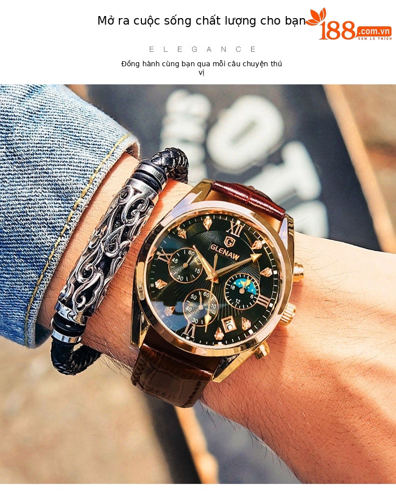 Đồng hồ nam chronograph đa năng ba mắt sáu kim chống nước dạ quang thương hiệu Glenn