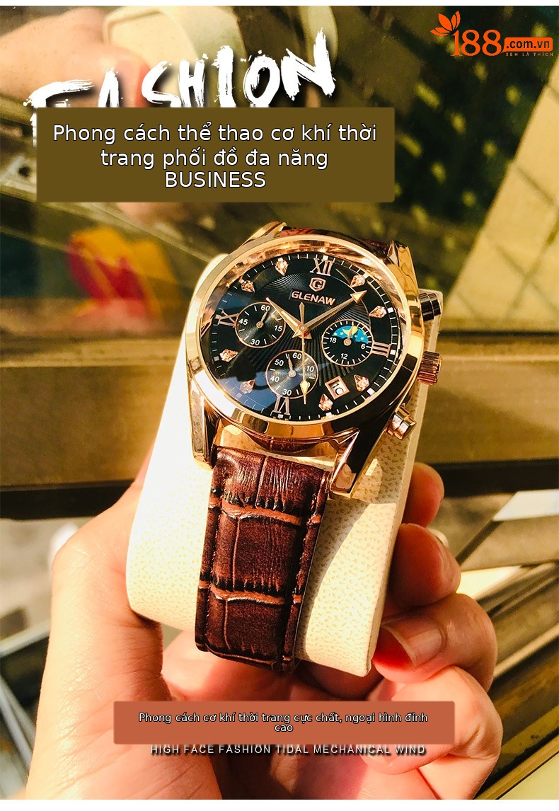 Đồng hồ nam chronograph đa năng ba mắt sáu kim chống nước dạ quang thương hiệu Glenn chi tiết 1