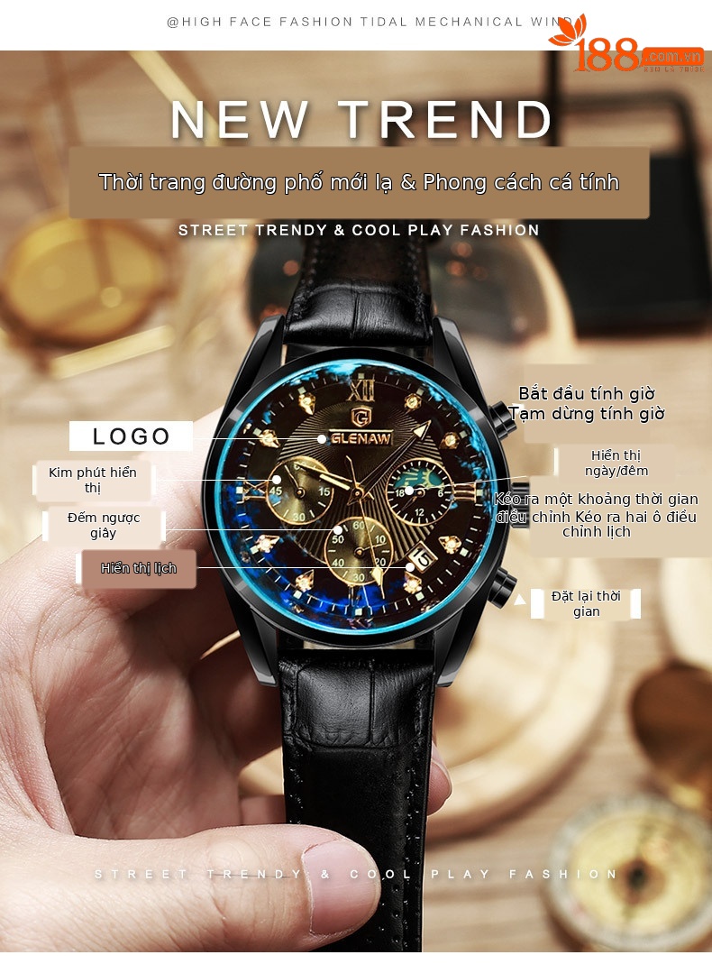Đồng hồ nam chronograph đa năng ba mắt sáu kim chống nước dạ quang thương hiệu Glenn chi tiết 2