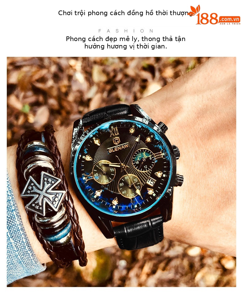 Đồng hồ nam chronograph đa năng ba mắt sáu kim chống nước dạ quang thương hiệu Glenn chi tiết 3