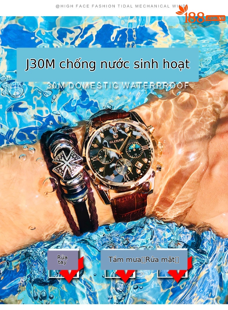 Đồng hồ nam chronograph đa năng ba mắt sáu kim chống nước dạ quang thương hiệu Glenn chi tiết 4