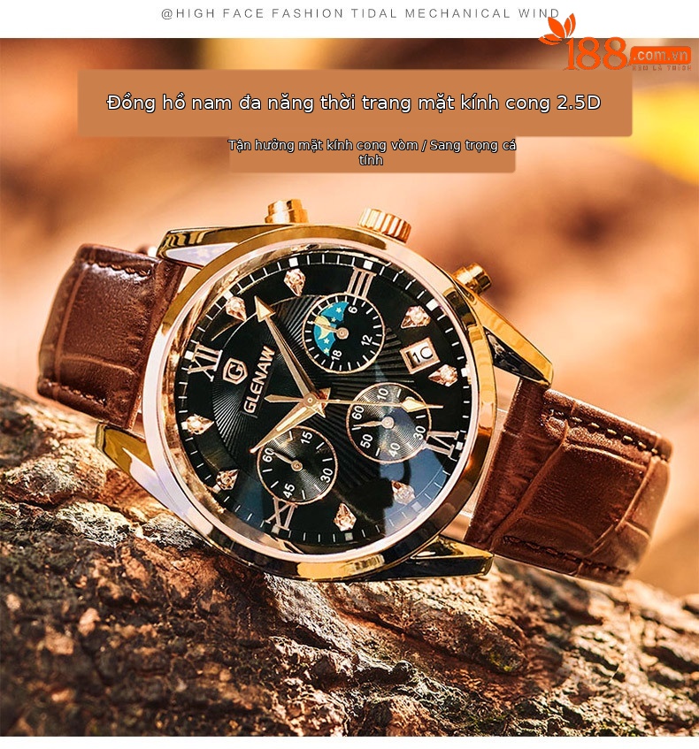 Đồng hồ nam chronograph đa năng ba mắt sáu kim chống nước dạ quang thương hiệu Glenn chi tiết 5