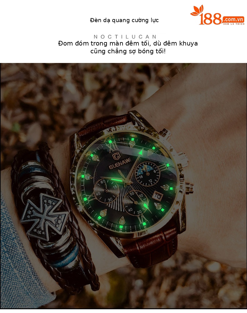Đồng hồ nam chronograph đa năng ba mắt sáu kim chống nước dạ quang thương hiệu Glenn chi tiết 6