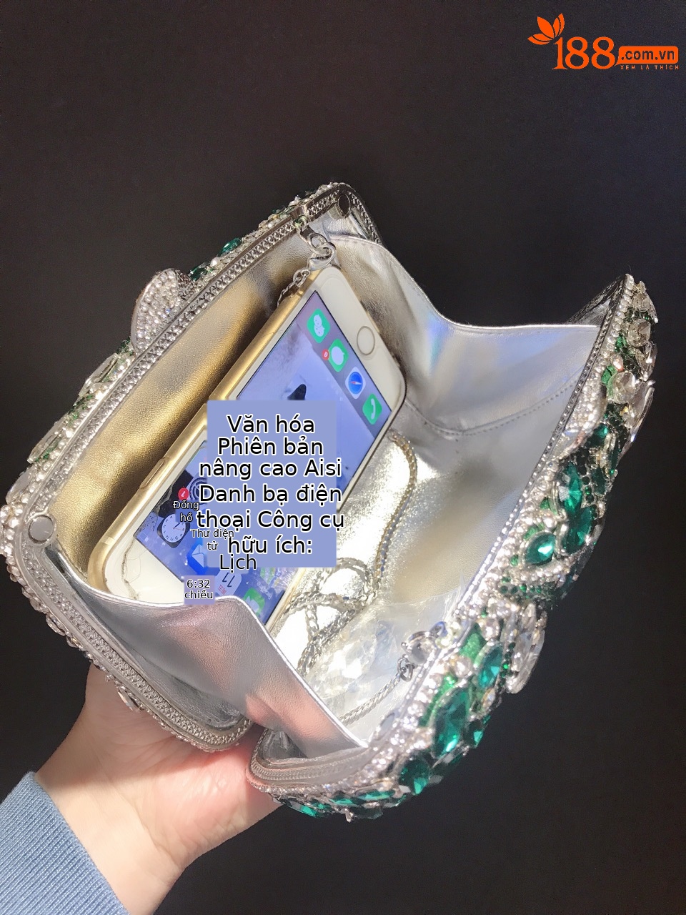 Túi clutch nữ đính đá thủy tinh lấp lánh dự tiệc — Xanh Lục Bạc, Màu xanh lá, Màu đỏ, Màu bạc chi tiết 7