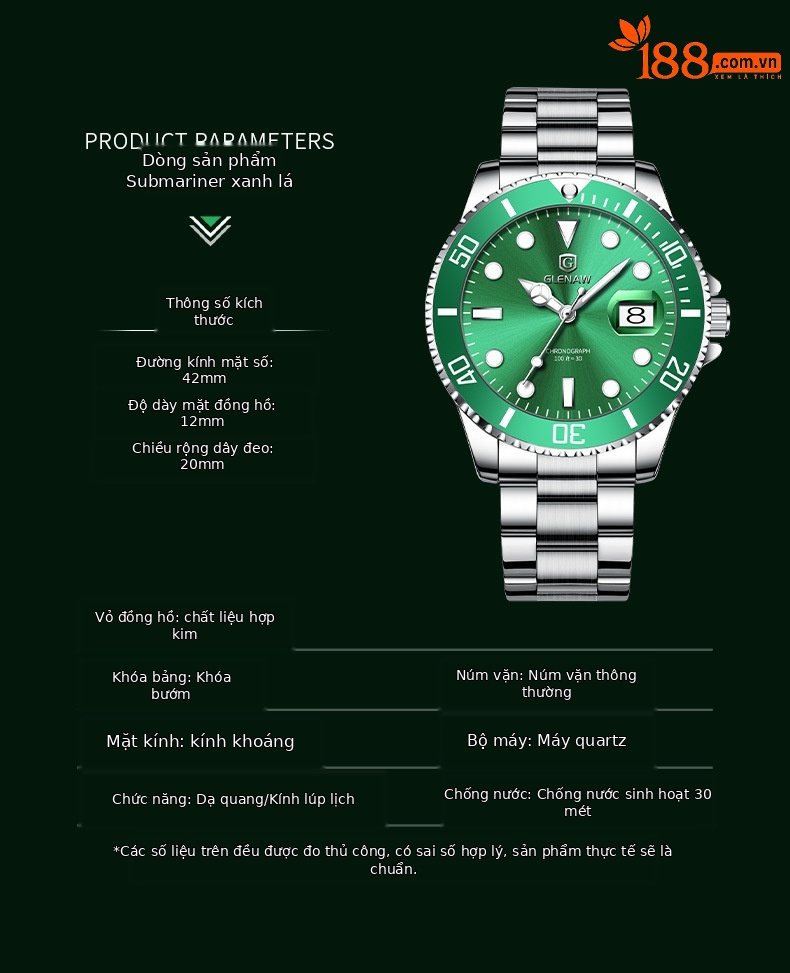 Đồng hồ nam thạch anh Glenn phong cách Douyin mặt số xanh lục phát quang chống nước dây thép hoặc dây da chi tiết 8
