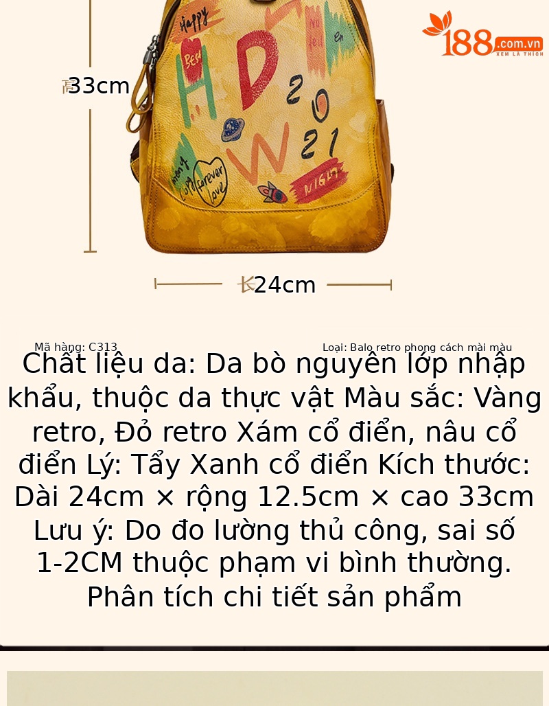 Ba lô nữ da bò cổ điển phong cách graffiti dung tích lớn dễ phối đồ — Vàng cổ điển, Xanh lá cổ điển, Đỏ cổ điển, Xám cổ điển chi tiết 7