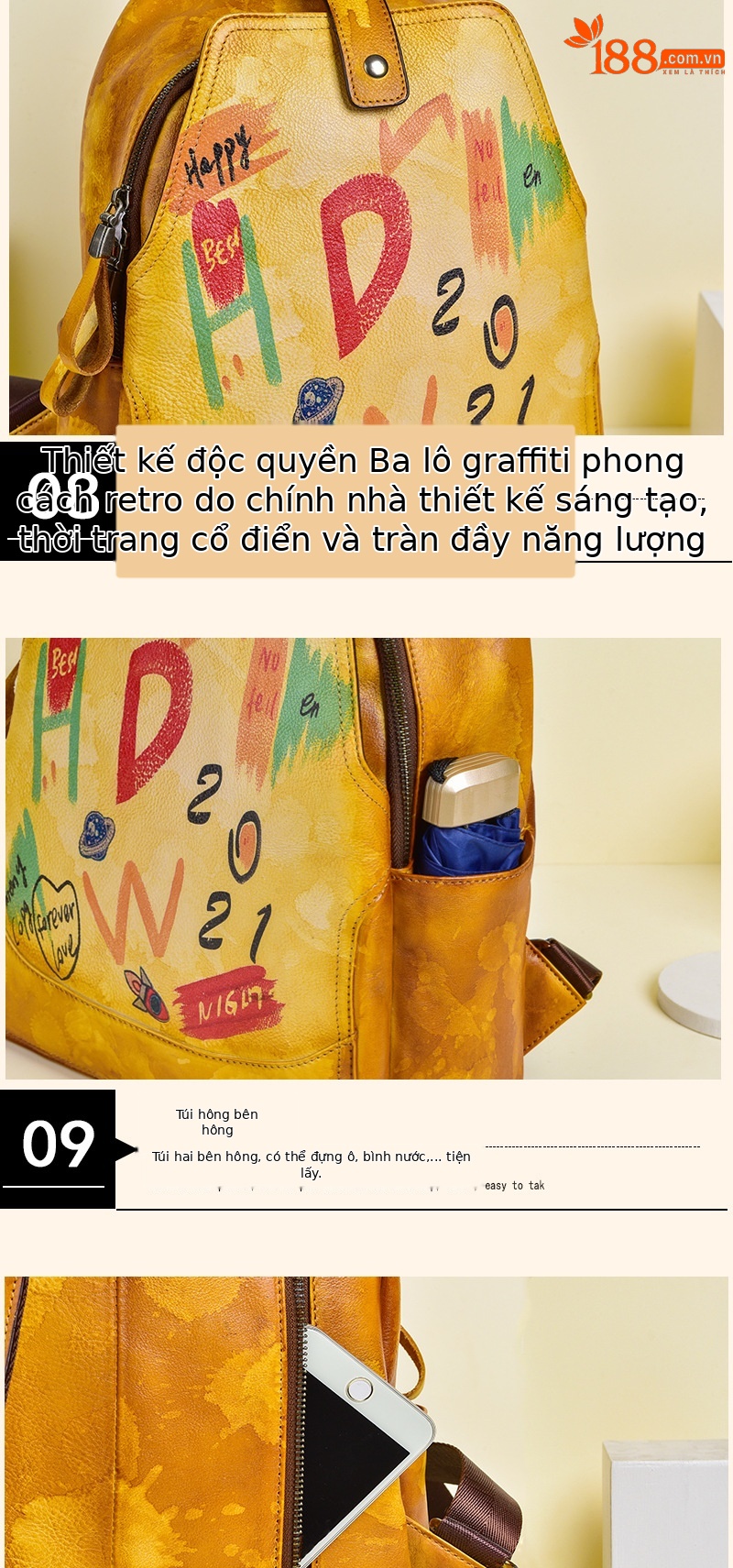 Ba lô nữ da bò cổ điển phong cách graffiti dung tích lớn dễ phối đồ — Vàng cổ điển, Xanh lá cổ điển, Đỏ cổ điển, Xám cổ điển chi tiết 11