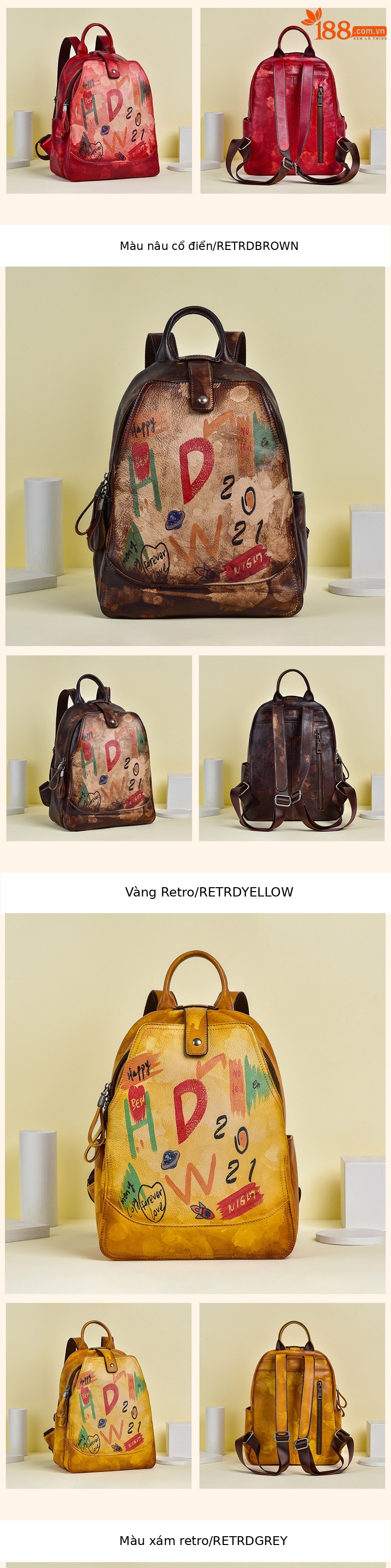 Ba lô nữ da bò cổ điển phong cách graffiti dung tích lớn dễ phối đồ — Vàng cổ điển, Xanh lá cổ điển, Đỏ cổ điển, Xám cổ điển chi tiết 12