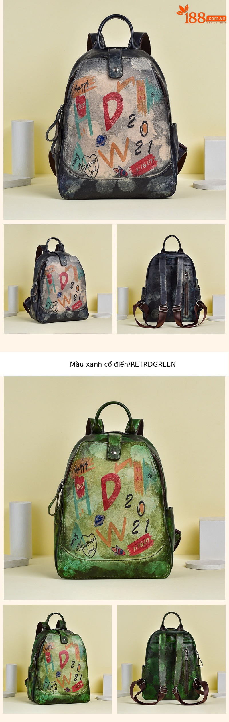 Ba lô nữ da bò cổ điển phong cách graffiti dung tích lớn dễ phối đồ — Vàng cổ điển, Xanh lá cổ điển, Đỏ cổ điển, Xám cổ điển chi tiết 13