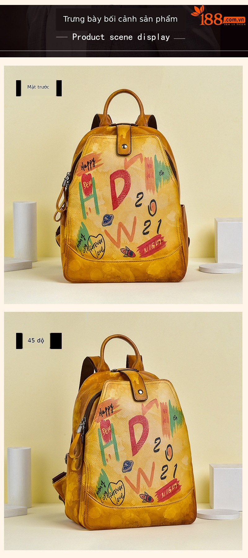 Ba lô nữ da bò cổ điển phong cách graffiti dung tích lớn dễ phối đồ — Vàng cổ điển, Xanh lá cổ điển, Đỏ cổ điển, Xám cổ điển chi tiết 14
