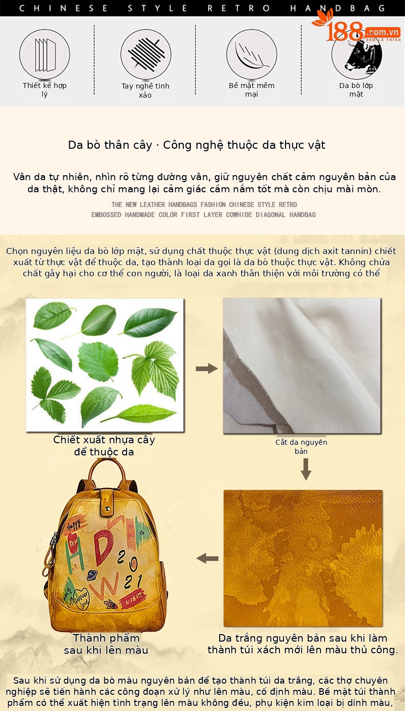 Ba lô nữ da bò cổ điển phong cách graffiti dung tích lớn dễ phối đồ — Vàng cổ điển, Xanh lá cổ điển, Đỏ cổ điển, Xám cổ điển chi tiết 2