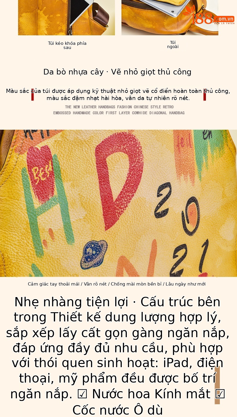 Ba lô nữ da bò cổ điển phong cách graffiti dung tích lớn dễ phối đồ — Vàng cổ điển, Xanh lá cổ điển, Đỏ cổ điển, Xám cổ điển chi tiết 5