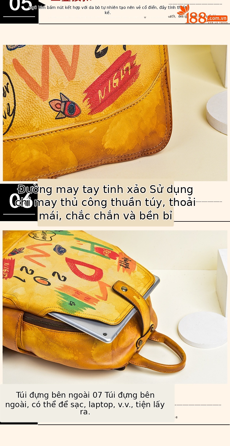 Ba lô nữ da bò cổ điển phong cách graffiti dung tích lớn dễ phối đồ — Vàng cổ điển, Xanh lá cổ điển, Đỏ cổ điển, Xám cổ điển chi tiết 10