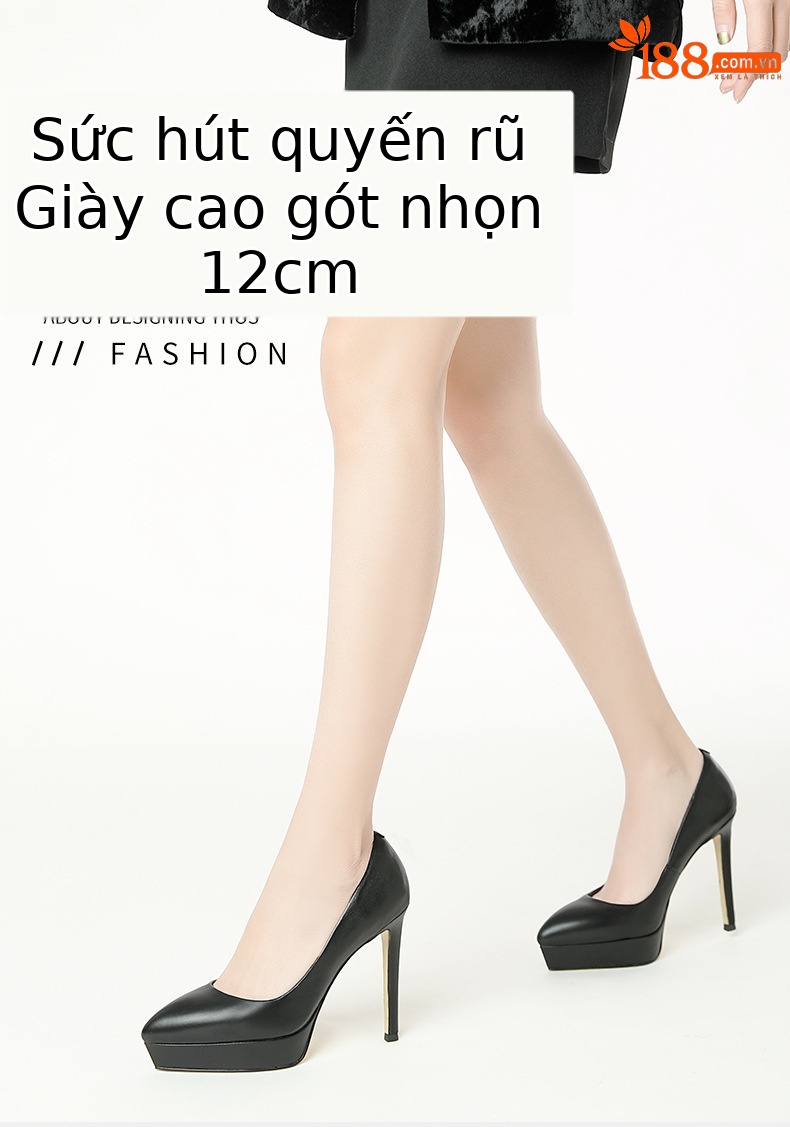 Giày cao gót nữ mũi nhọn da thật đế chống thấm, gót nhọn 9 cm — Màu đen chi tiết 1