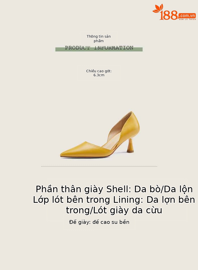 Giày cao gót nữ mũi nhọn gót nhọn da bò miệng nông kiểu đơn giản — Màu be chi tiết 6