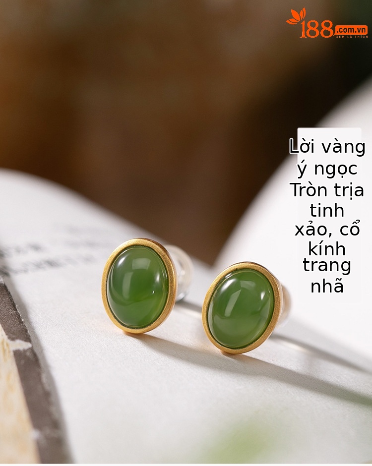 Bông tai nữ hình bầu dục ngọc bích tự nhiên mạ vàng bạc S925 — Mẫu vàng (một cặp) chi tiết 1