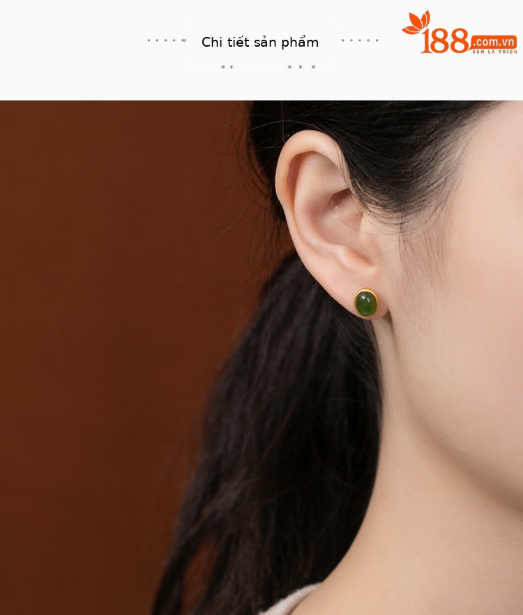 Bông tai nữ hình bầu dục ngọc bích tự nhiên mạ vàng bạc S925 — Mẫu vàng (một cặp) chi tiết 4