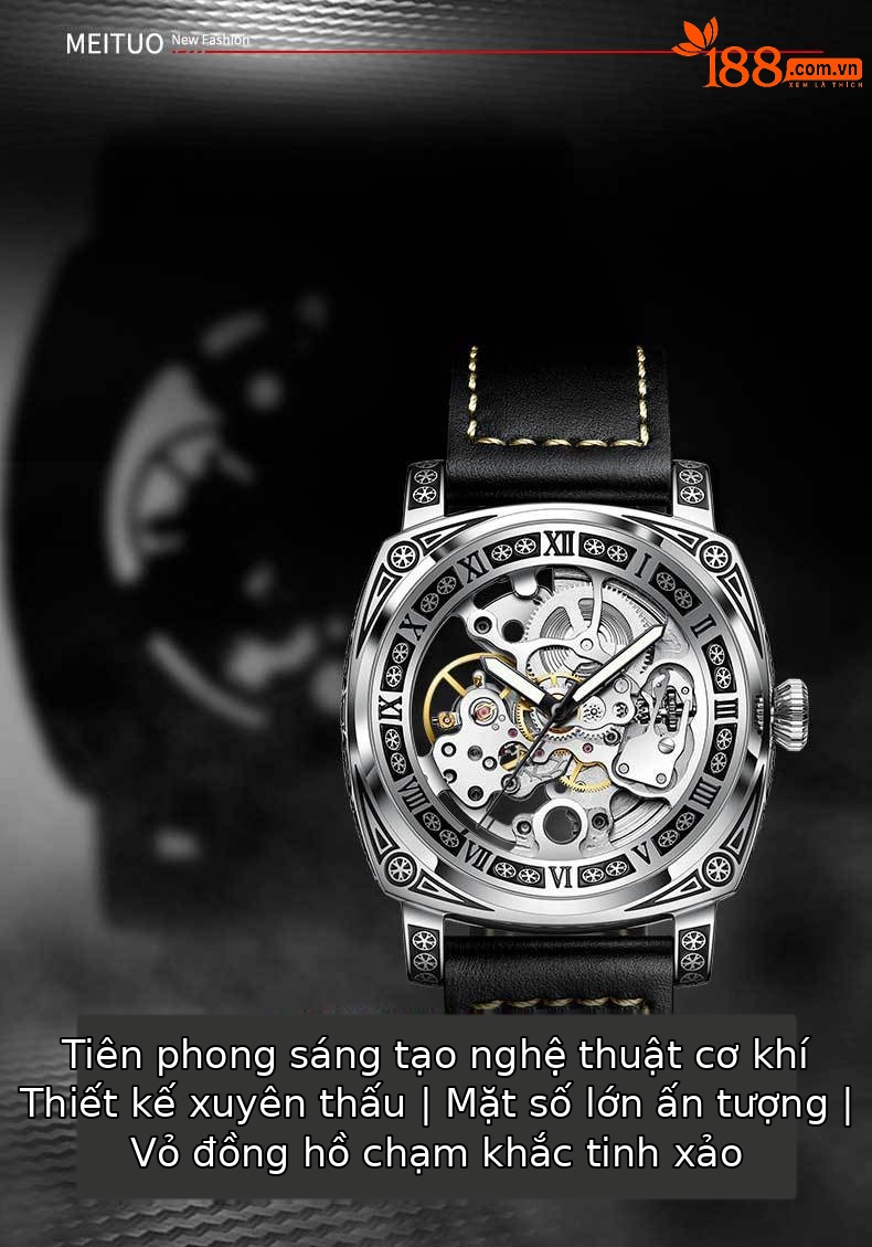 Đồng hồ nam automatic skeleton lộ máy dây da dạ quang chống nước chi tiết 1