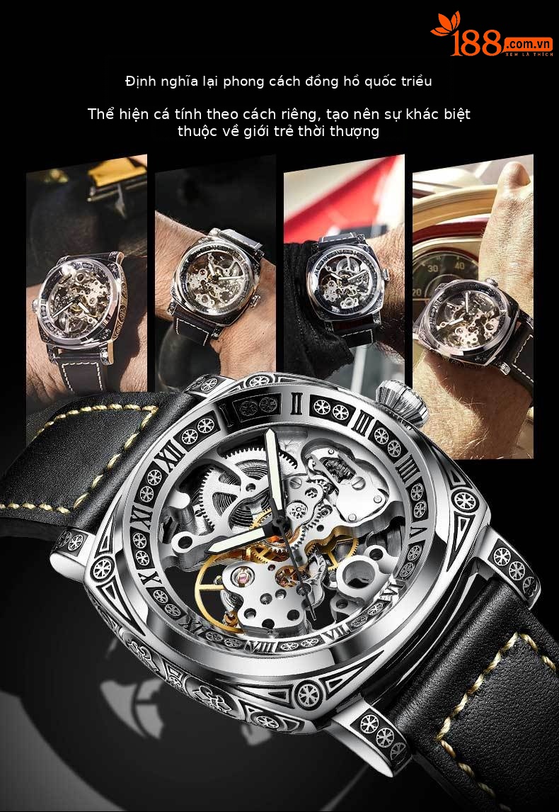 Đồng hồ nam automatic skeleton lộ máy dây da dạ quang chống nước chi tiết 3