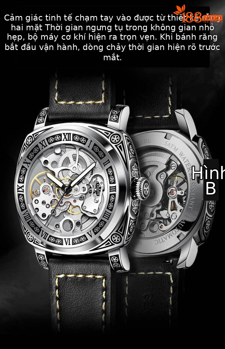 Đồng hồ nam automatic skeleton lộ máy dây da dạ quang chống nước chi tiết 5