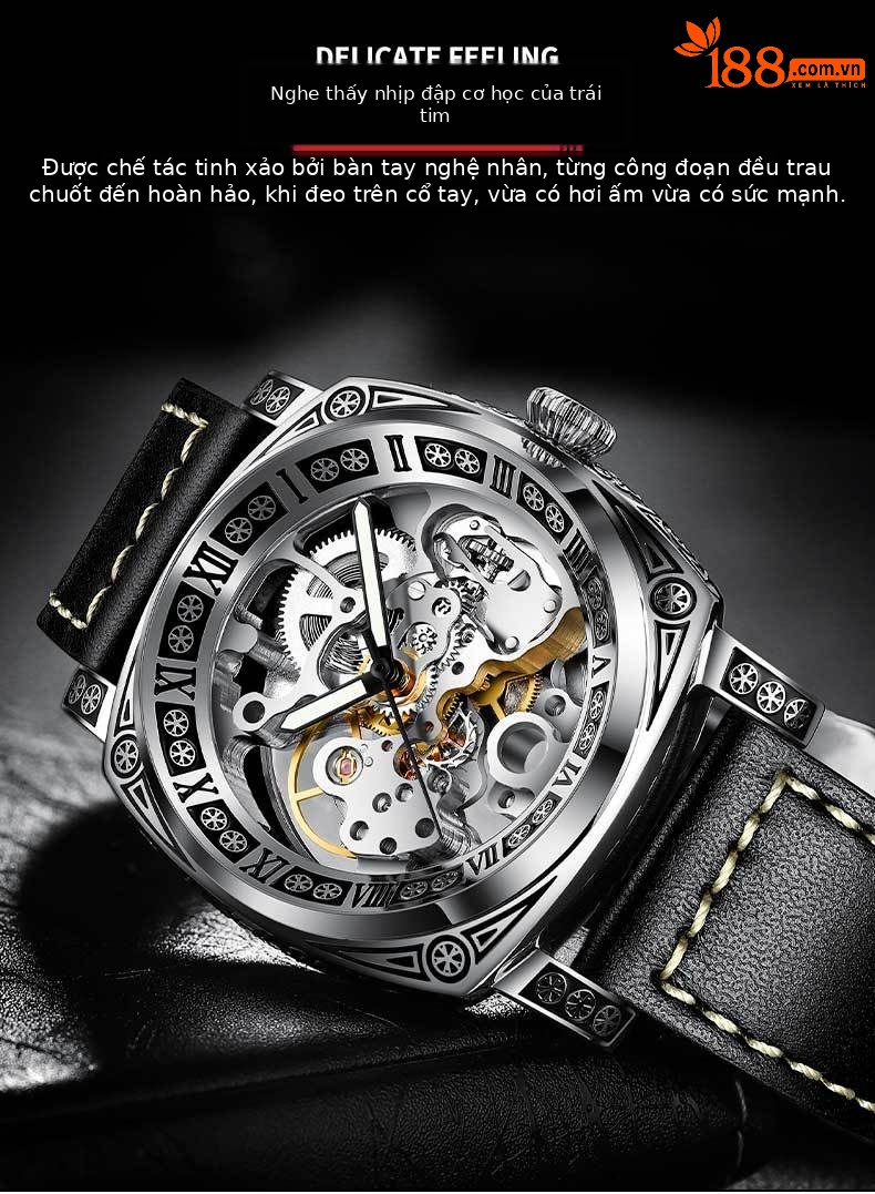 Đồng hồ nam automatic skeleton lộ máy dây da dạ quang chống nước chi tiết 6