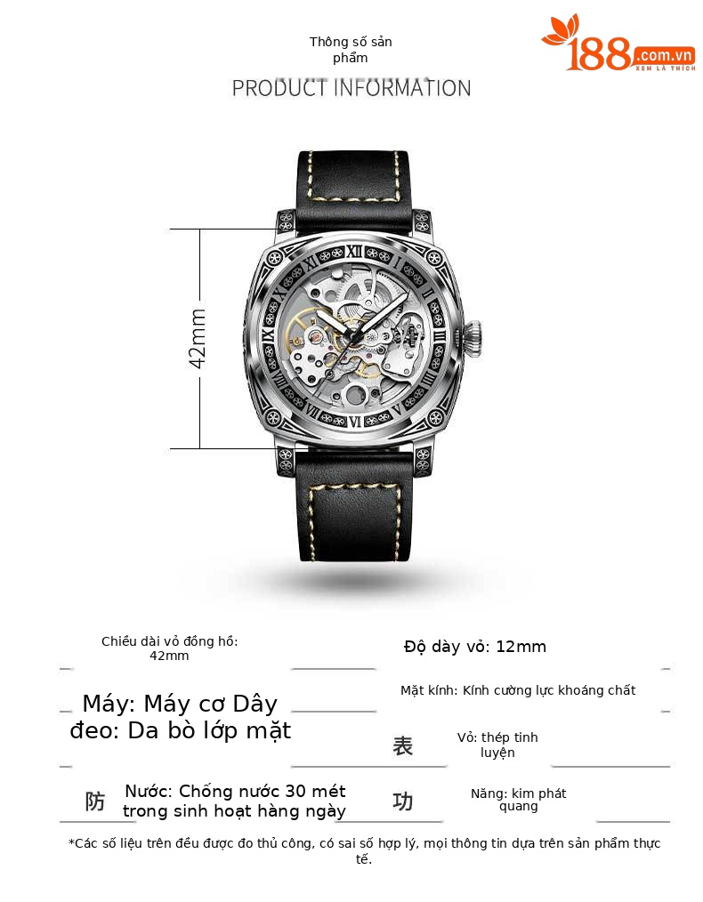 Đồng hồ nam automatic skeleton lộ máy dây da dạ quang chống nước chi tiết 7