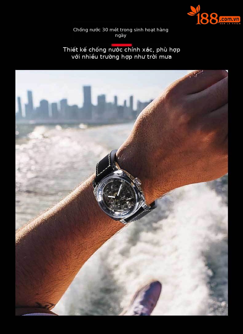 Đồng hồ nam automatic skeleton lộ máy dây da dạ quang chống nước chi tiết 8