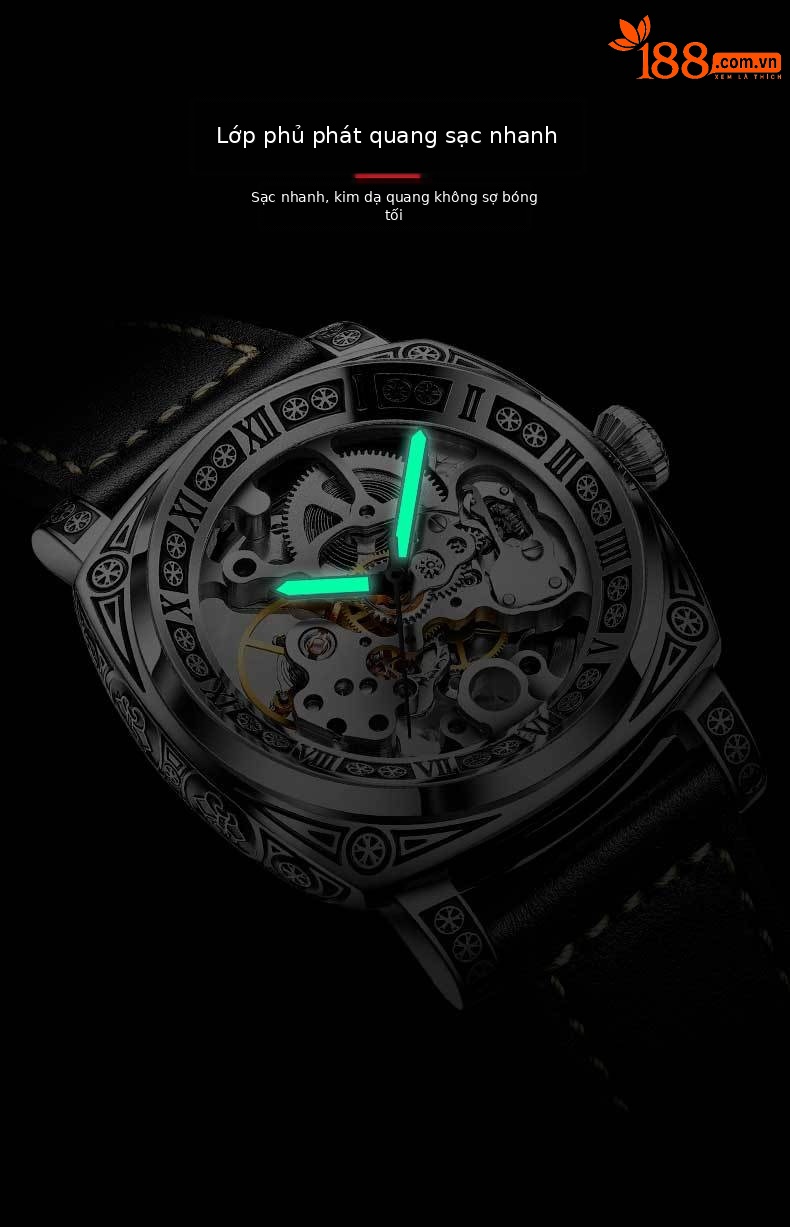 Đồng hồ nam automatic skeleton lộ máy dây da dạ quang chống nước chi tiết 9
