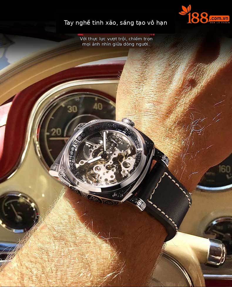 Đồng hồ nam automatic skeleton lộ máy dây da dạ quang chống nước chi tiết 10