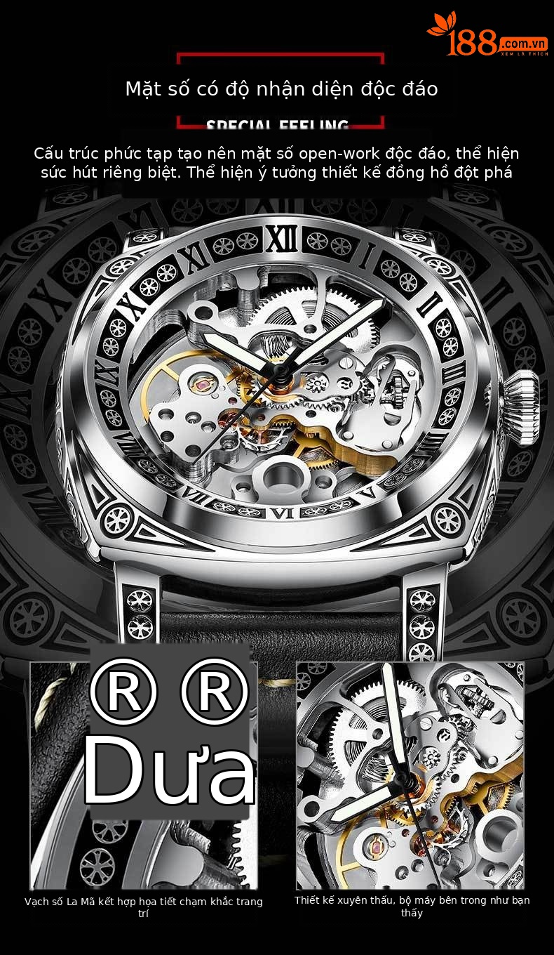 Đồng hồ nam automatic skeleton lộ máy dây da dạ quang chống nước chi tiết 2