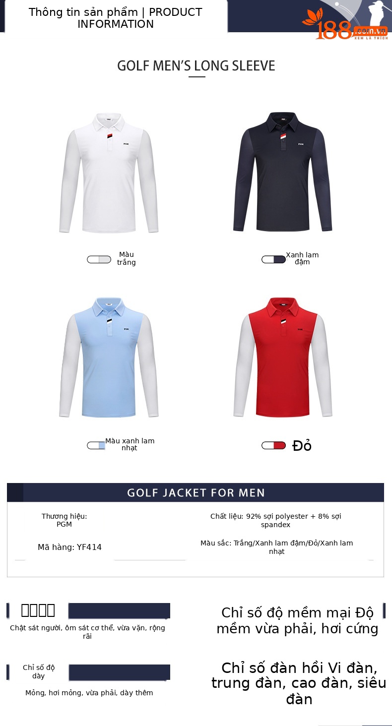 Áo thun golf nam dài tay cổ tròn vải thể thao co giãn — YF414-màu đỏ, YF414-màu xanh hải quân, YF414-màu trắng, YF414-màu xanh nhạt chi tiết 3