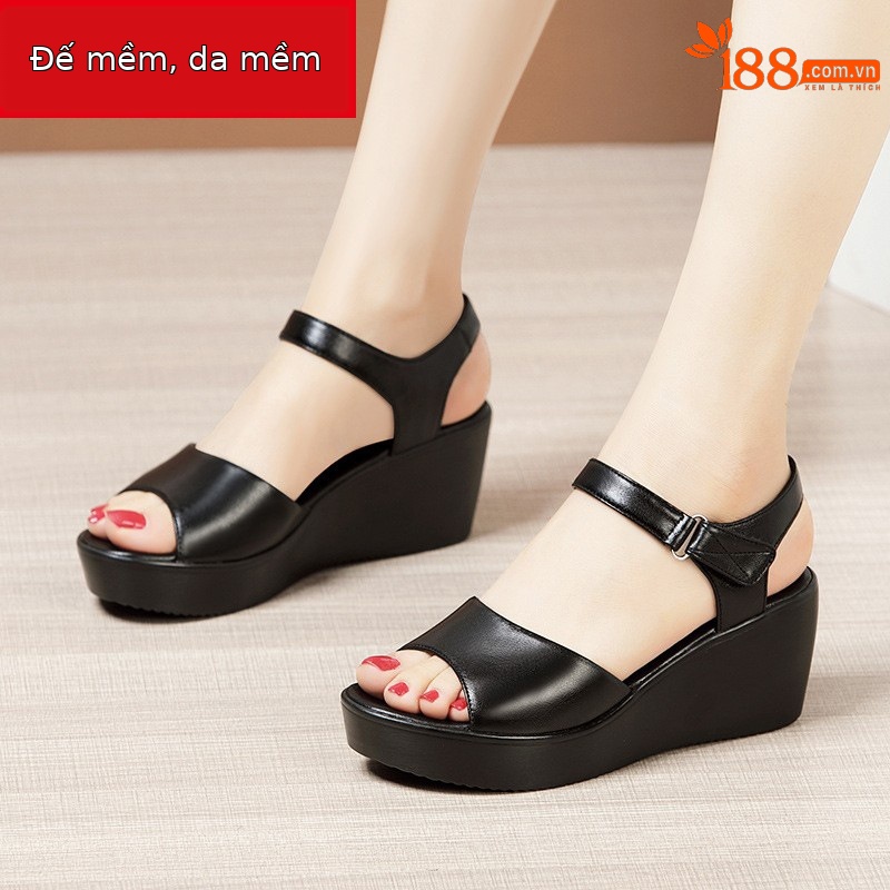 Dép sandal nữ đế xuồng da mềm gót 11 cm platform thời trang hè 2025 — Màu đen 11 cm, Màu đen, Màu trắng, Màu đỏ 11 cm