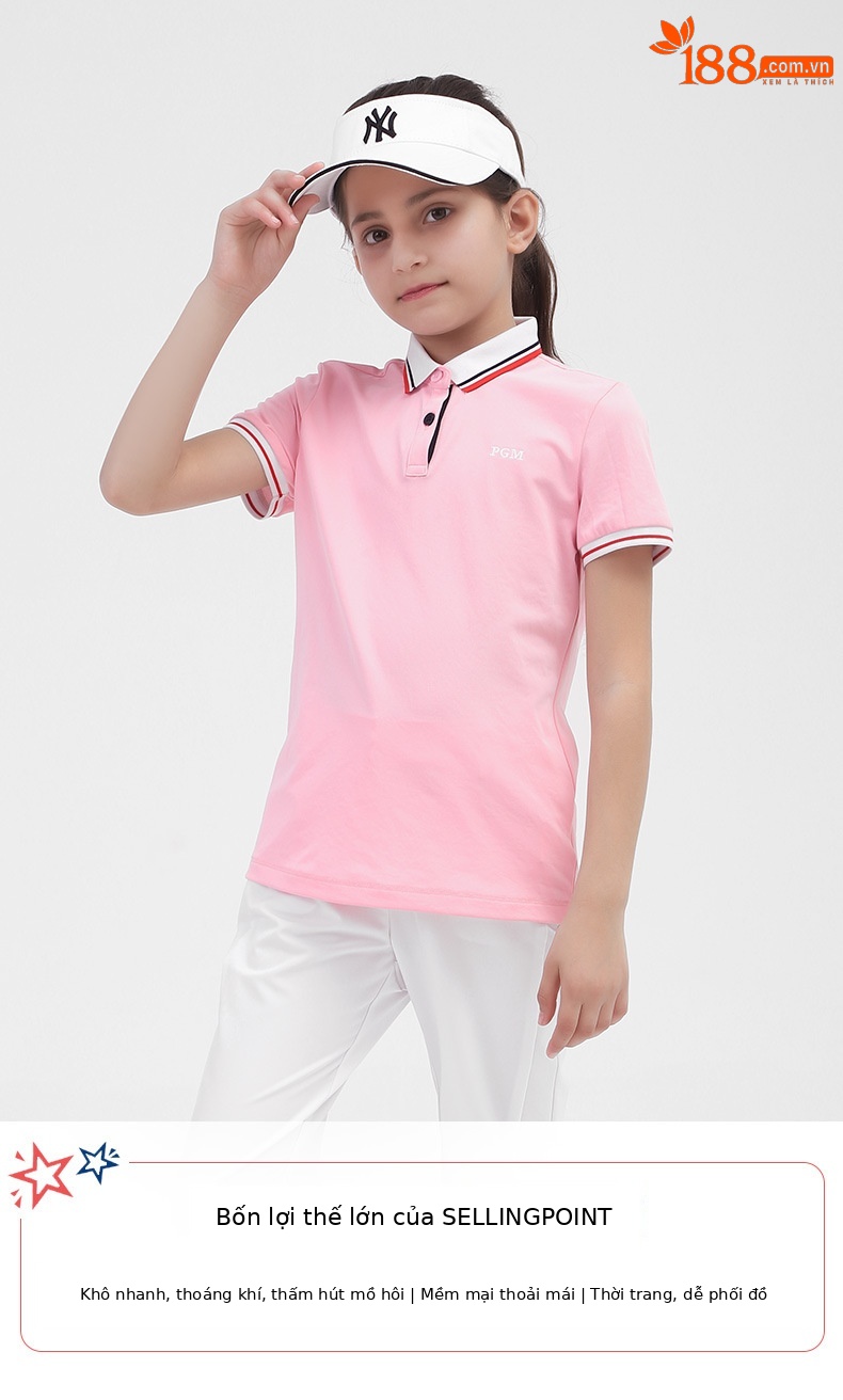 Áo thun tay ngắn golf bé gái PGM – Thoáng khí, khô nhanh mùa xuân hè — YF413 màu hồng, YF411 màu tím nhạt, YF413 màu xanh nhạt, YF413 màu xanh hải quân chi tiết 2
