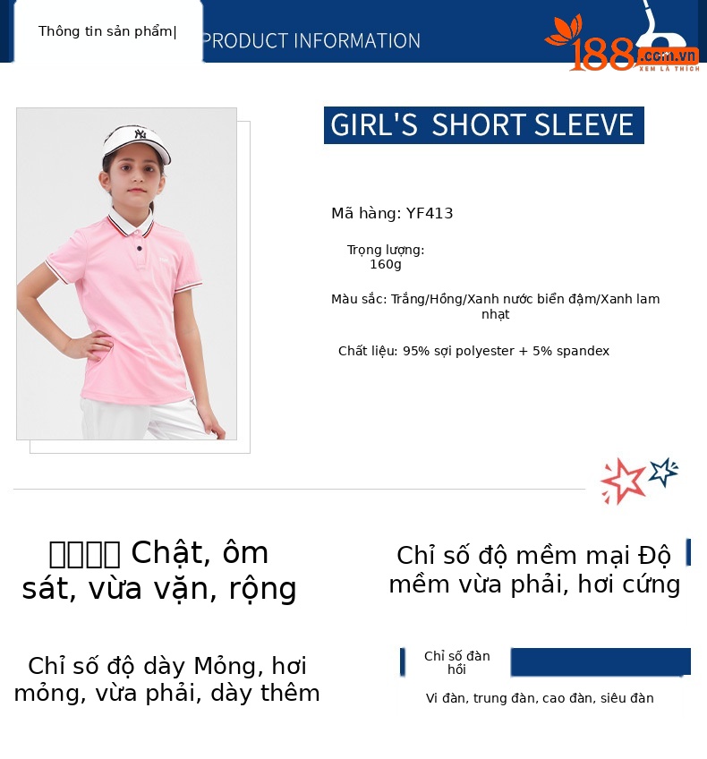 Áo thun tay ngắn golf bé gái PGM – Thoáng khí, khô nhanh mùa xuân hè — YF413 màu hồng, YF411 màu tím nhạt, YF413 màu xanh nhạt, YF413 màu xanh hải quân chi tiết 3