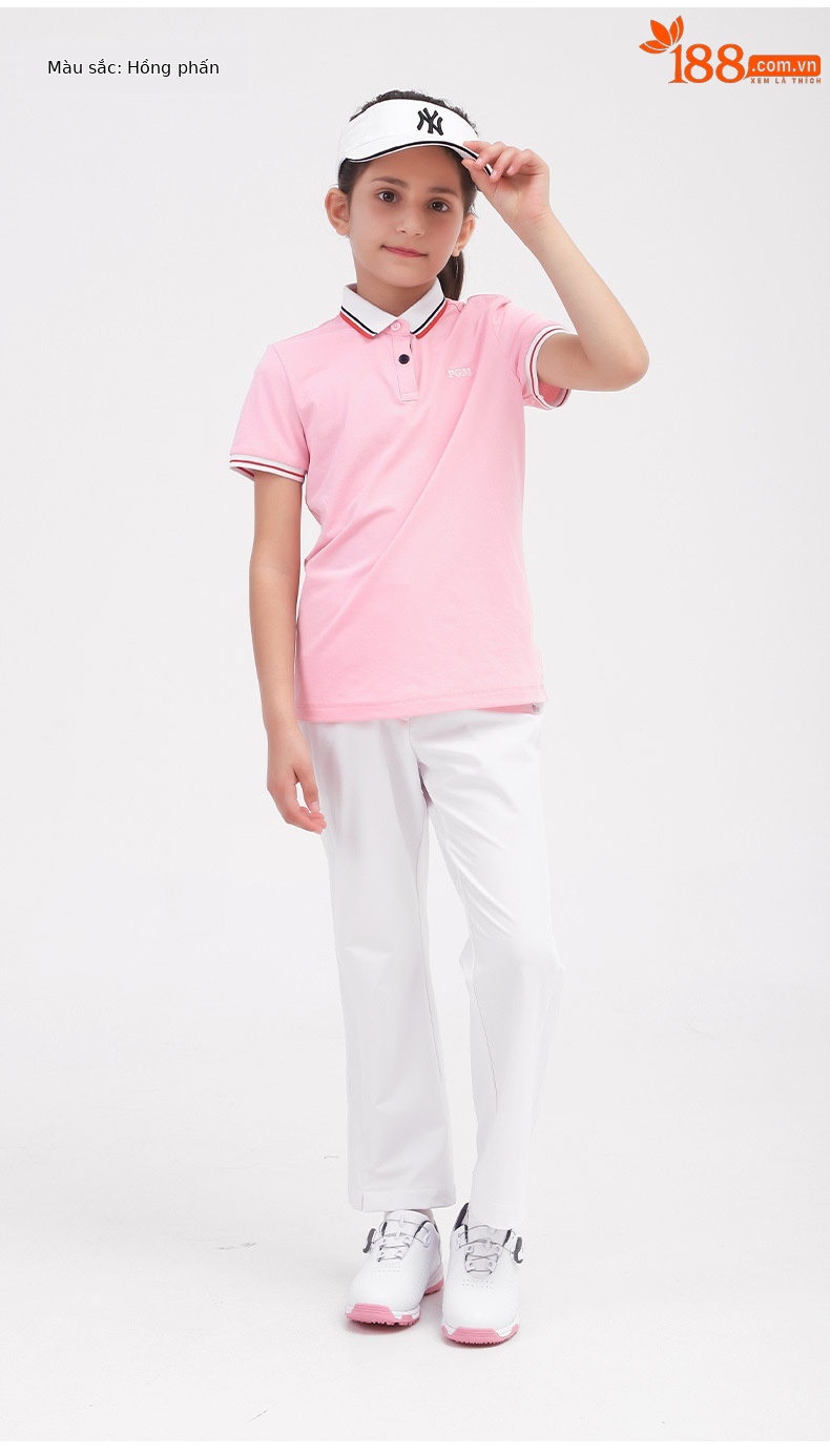 Áo thun tay ngắn golf bé gái PGM – Thoáng khí, khô nhanh mùa xuân hè — YF413 màu hồng, YF411 màu tím nhạt, YF413 màu xanh nhạt, YF413 màu xanh hải quân chi tiết 4
