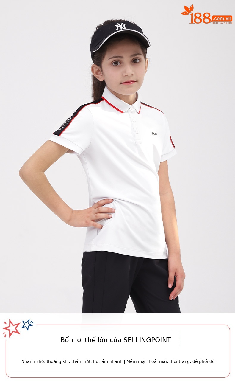 Áo thun tay ngắn golf bé gái PGM – Thoáng khí, khô nhanh mùa xuân hè — YF413 màu hồng, YF411 màu tím nhạt, YF413 màu xanh nhạt, YF413 màu xanh hải quân chi tiết 14
