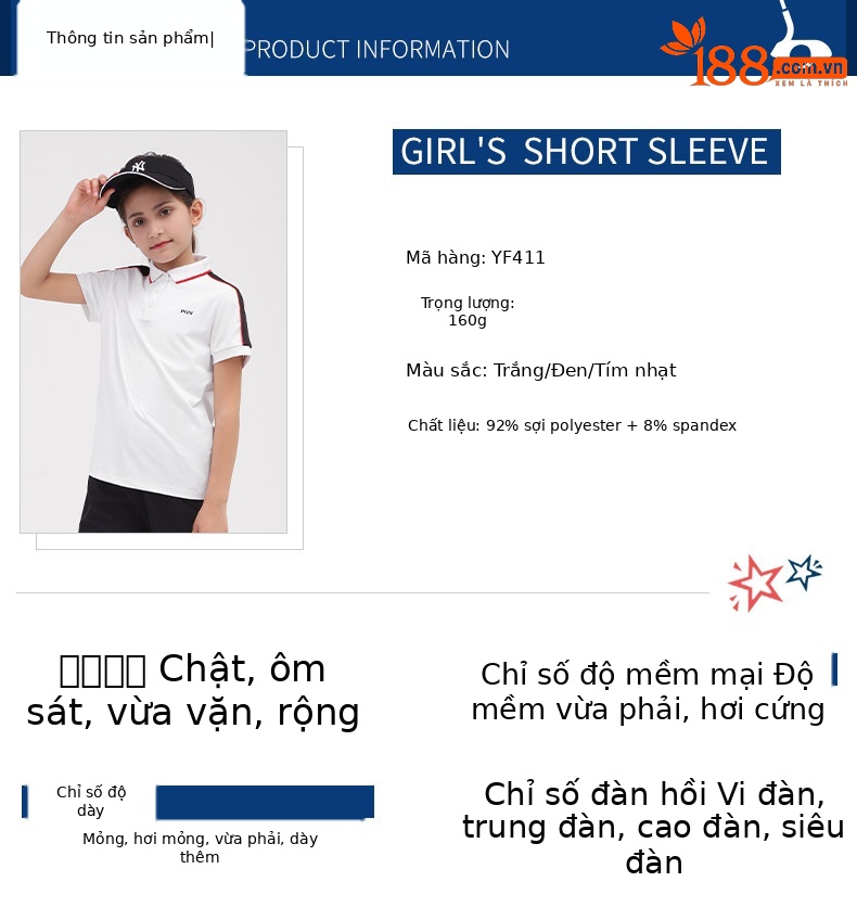 Áo thun tay ngắn golf bé gái PGM – Thoáng khí, khô nhanh mùa xuân hè — YF413 màu hồng, YF411 màu tím nhạt, YF413 màu xanh nhạt, YF413 màu xanh hải quân chi tiết 15