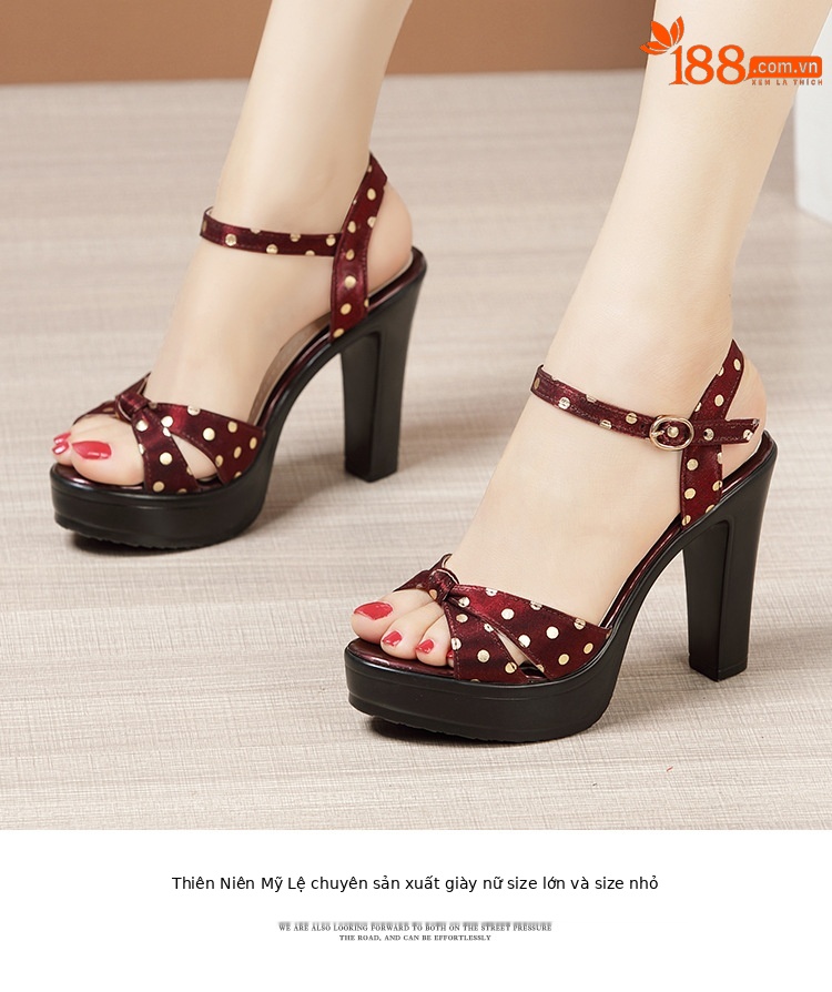 Sandal cao gót nữ mùa hè 2025 đế xuồng chống nước, miệng cá, quai ngang khóa, gót 8-10 cm — Màu mơ 8cm, Rượu vang đỏ 8cm, Màu đen 10cm, Rượu vang đỏ 10cm chi tiết 14