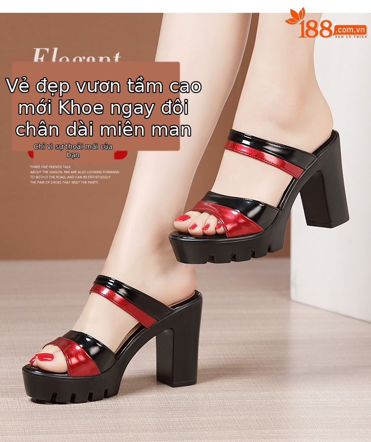 Dép cao gót đế xuồng nữ quai ngang mũi hở, gót 9 cm, đế dày chống thấm nước — Đen Đỏ, Trắng đỏ chi tiết 3