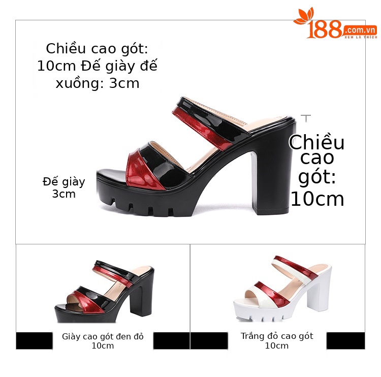 Dép cao gót đế xuồng nữ quai ngang mũi hở, gót 9 cm, đế dày chống thấm nước — Đen Đỏ, Trắng đỏ chi tiết 5
