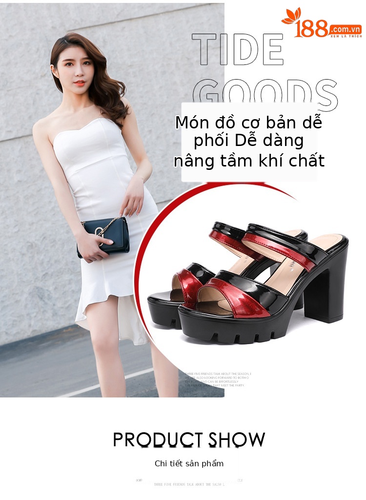 Dép cao gót đế xuồng nữ quai ngang mũi hở, gót 9 cm, đế dày chống thấm nước — Đen Đỏ, Trắng đỏ chi tiết 6