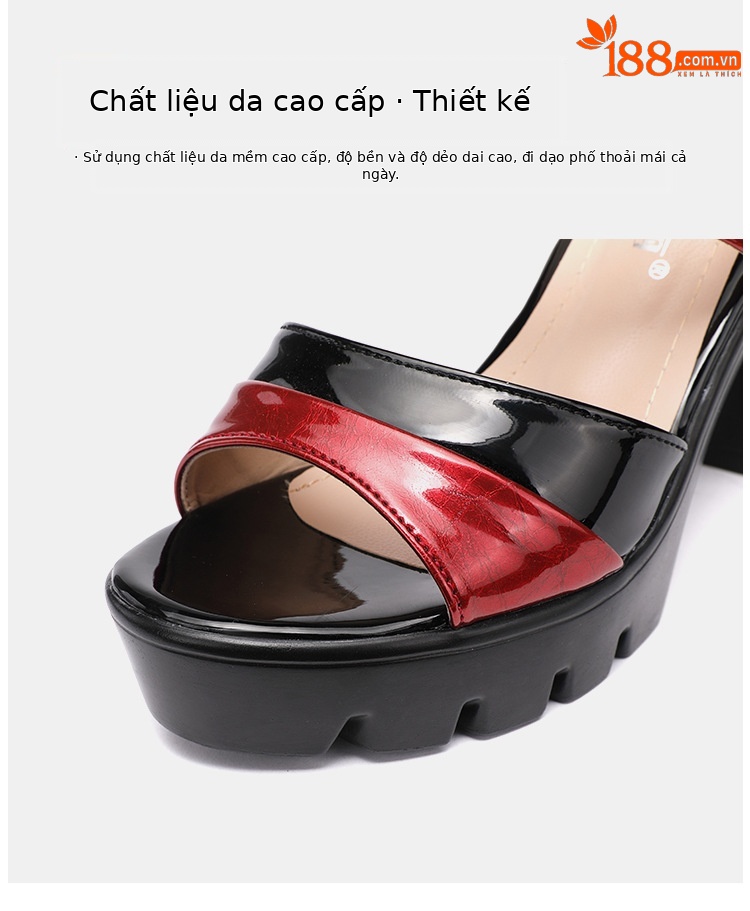 Dép cao gót đế xuồng nữ quai ngang mũi hở, gót 9 cm, đế dày chống thấm nước — Đen Đỏ, Trắng đỏ chi tiết 7