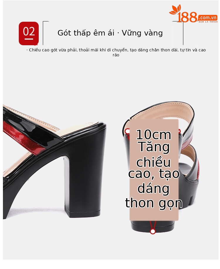 Dép cao gót đế xuồng nữ quai ngang mũi hở, gót 9 cm, đế dày chống thấm nước — Đen Đỏ, Trắng đỏ chi tiết 8