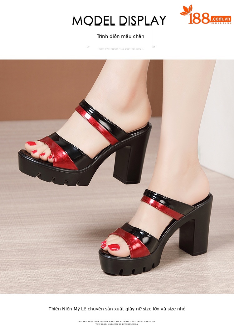 Dép cao gót đế xuồng nữ quai ngang mũi hở, gót 9 cm, đế dày chống thấm nước — Đen Đỏ, Trắng đỏ chi tiết 11