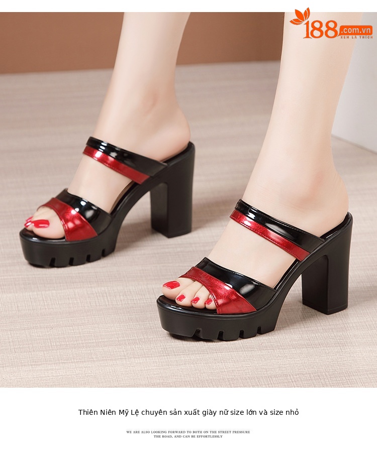 Dép cao gót đế xuồng nữ quai ngang mũi hở, gót 9 cm, đế dày chống thấm nước — Đen Đỏ, Trắng đỏ chi tiết 12