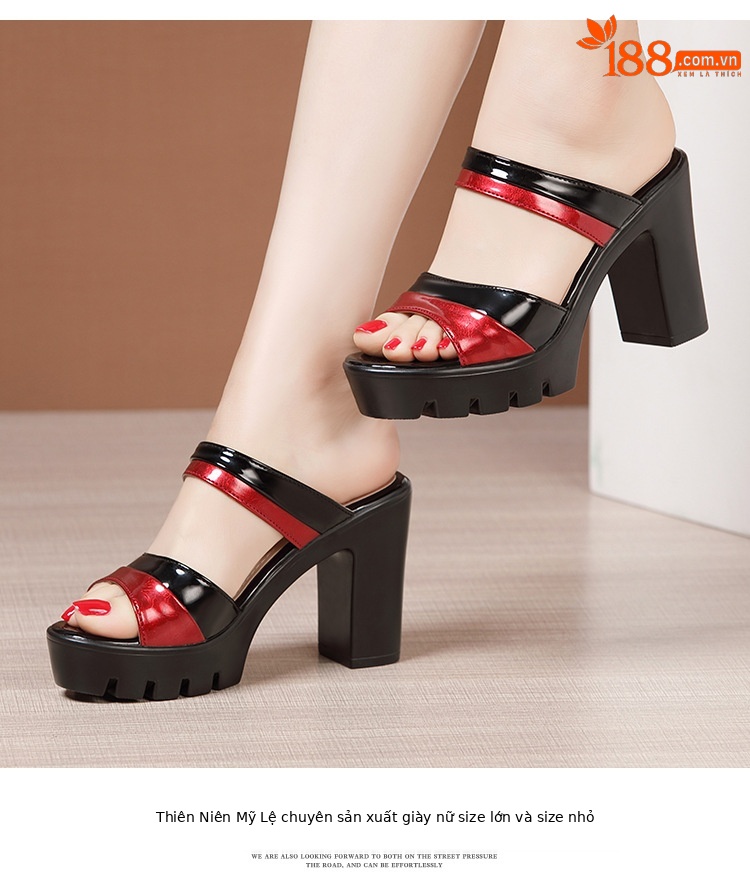 Dép cao gót đế xuồng nữ quai ngang mũi hở, gót 9 cm, đế dày chống thấm nước — Đen Đỏ, Trắng đỏ chi tiết 13