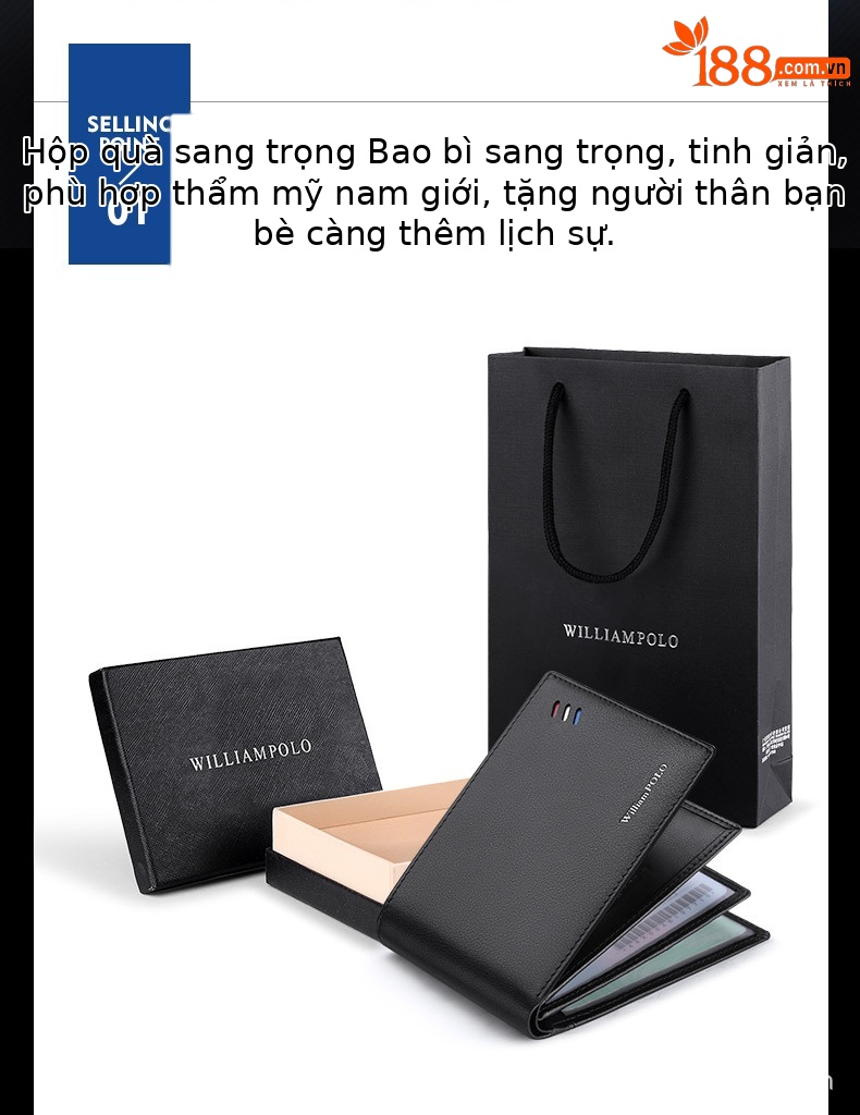 Ví da nam Emperor Paul siêu mỏng nhiều ngăn thẻ da bò lớp đầu tiên dạng gập mini chi tiết 5