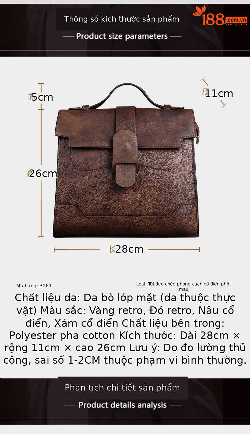 Túi đeo chéo nữ cổ điển bằng da bò thật, thiết kế một quai phong cách thời trang — Vàng cổ điển, Xám cổ điển, Đỏ cổ điển, Nâu cổ điển chi tiết 7